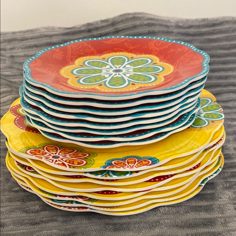 Pier 1 Colorful Floral Patterned Plates Set, 8 dinner plates and 8 salad.